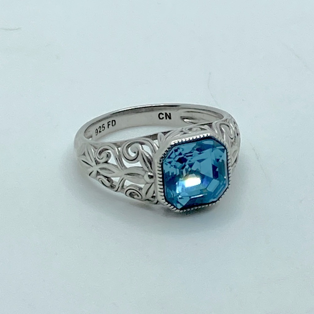 Vtg Sterling Silver & Blue Square Cubic Zirconia Floral Filirgree Band Sz 6.75 - Picture 2 of 12